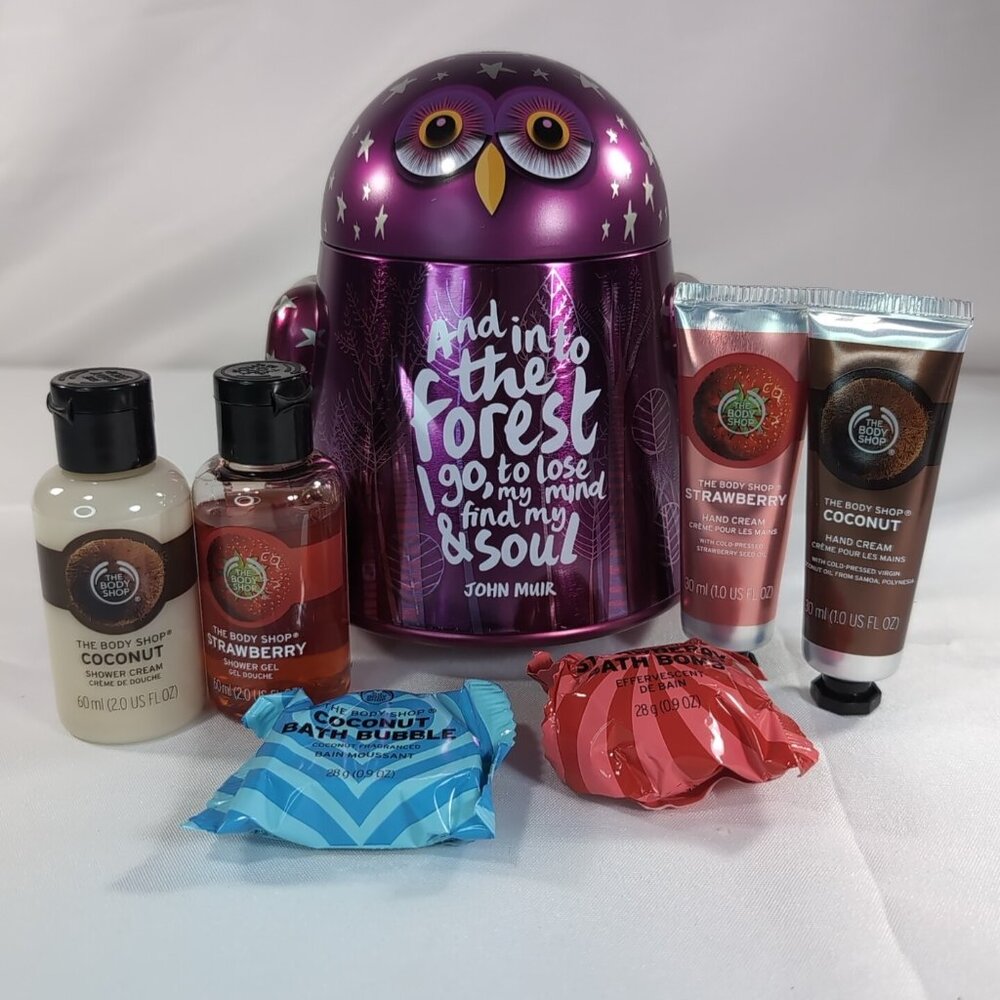 The Body Shop Olivia Owl 7 Set Coin Bank Shower Gel Hand Cream Strawberry Coconu